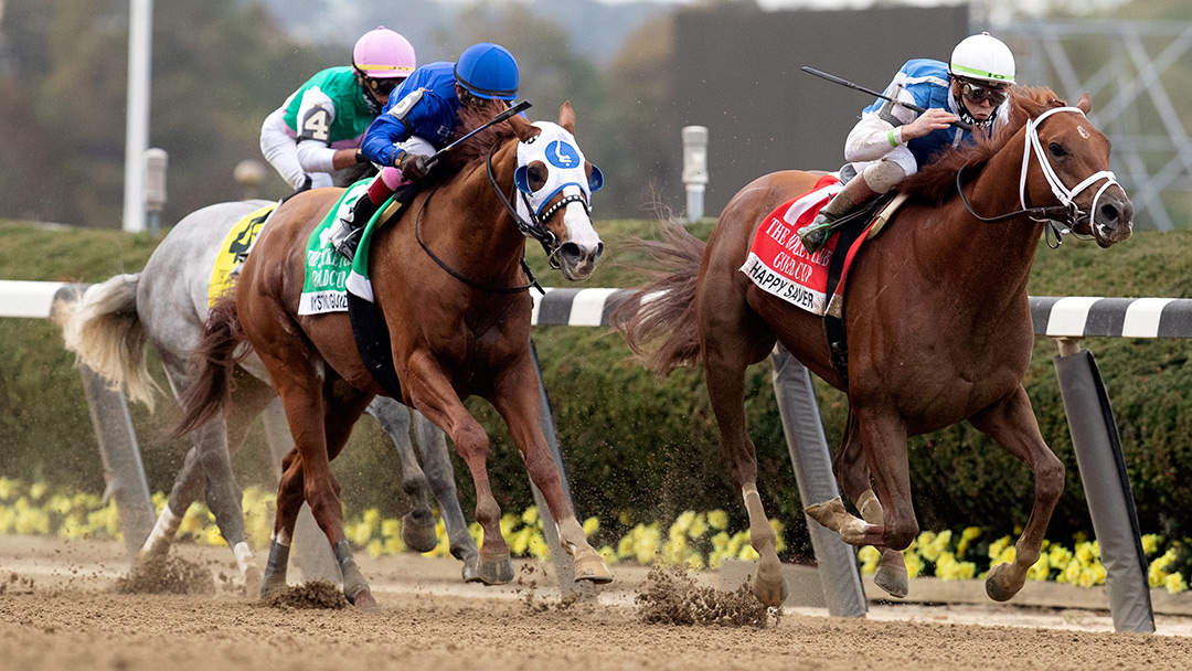 Happy Saver (right) wins the 2020 Jockey Club Gold Cup at Belmont Park