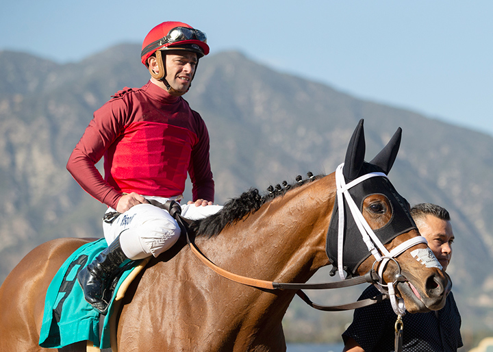 Umberto Rispoli and Hariboux at the Pasadena Stakes at Santa Anita