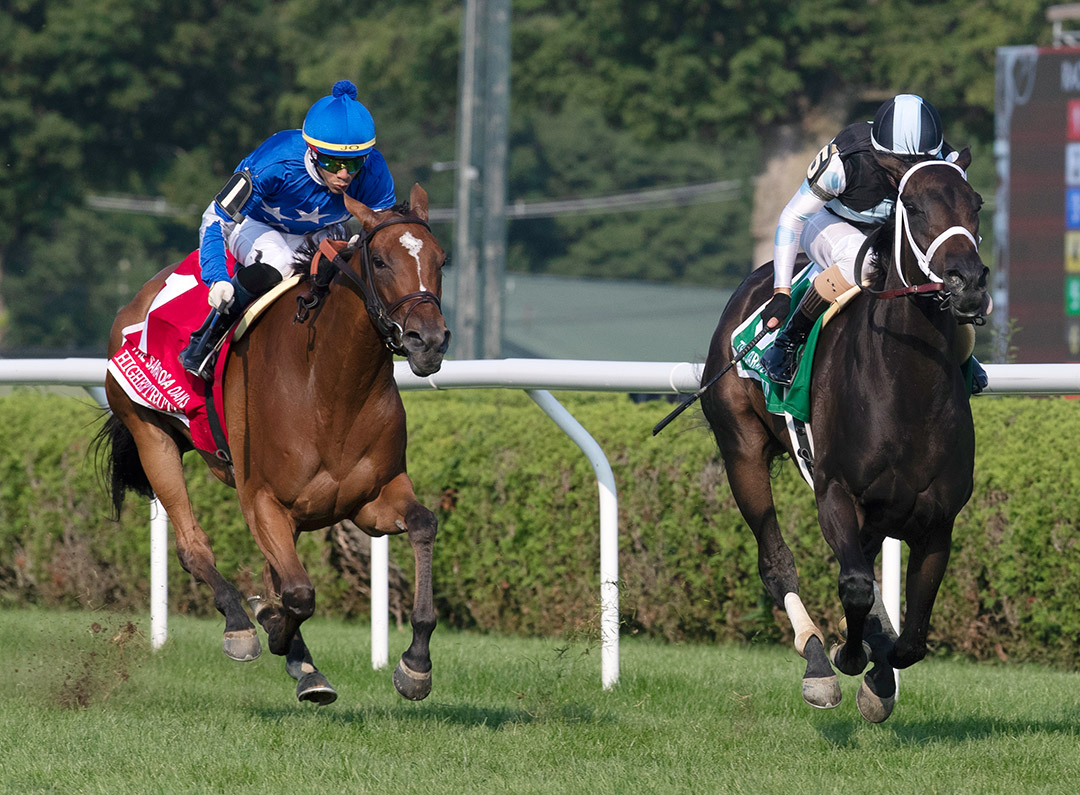 Higher Truth (left) finishes second in the Saratoga Oaks at Saratoga Race Course