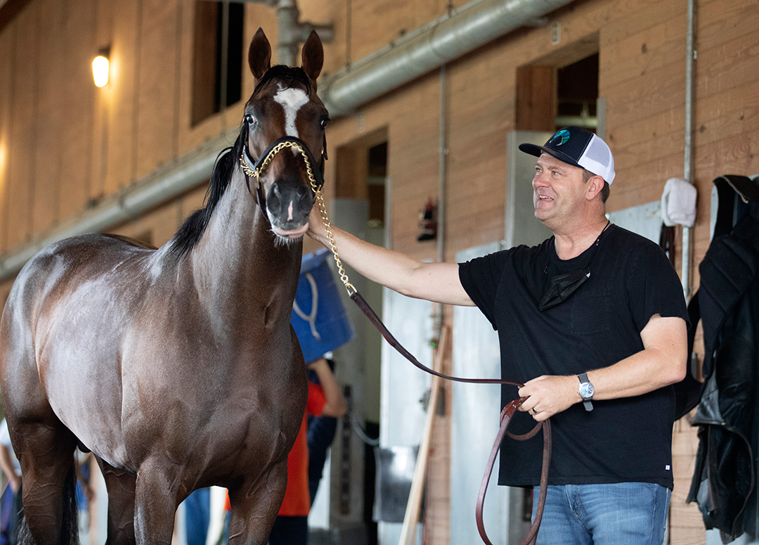 Hot Rod Charlie with trainer Doug O'Neill the morning after winning the Belmont Stakes