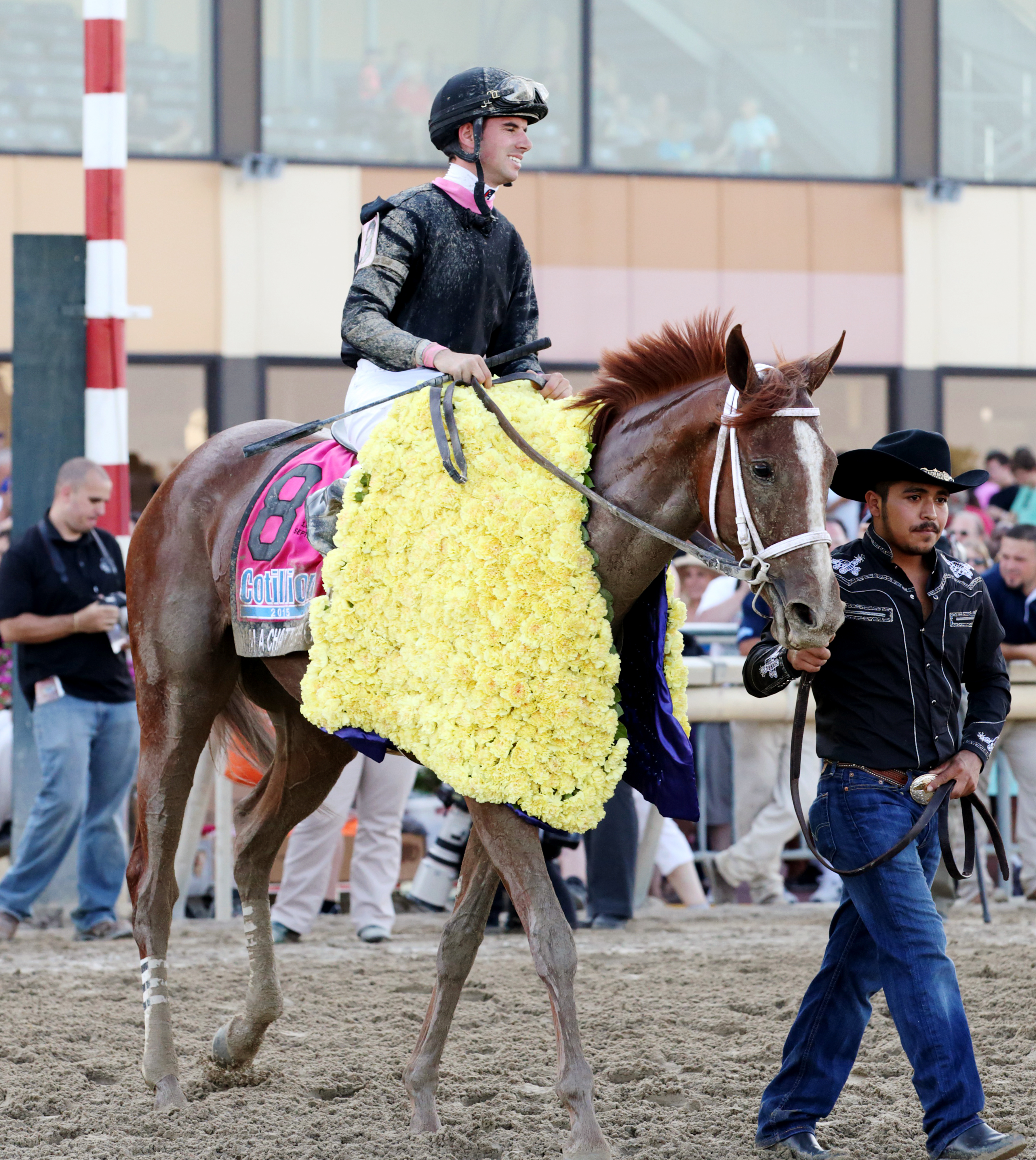 Florent Geroux aboard I'm a Chatterbox after winning the Cotillion