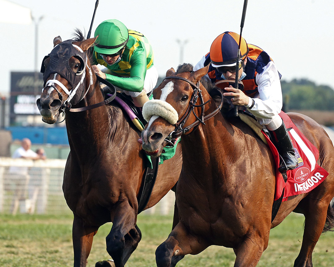 Imperador (right) wins the 2021 Calumet Turf Cup at Kentucky Downs