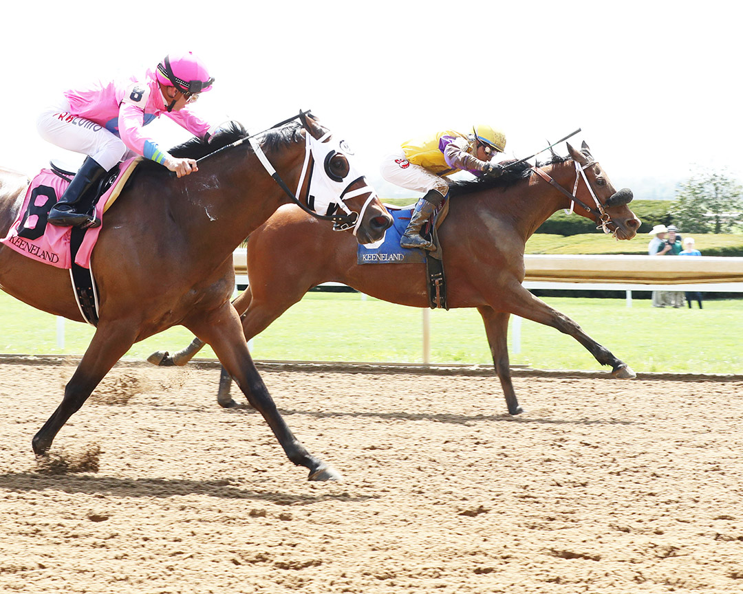 Indian Gulch (inside) wins an April 24 starter allowance at Keeneland