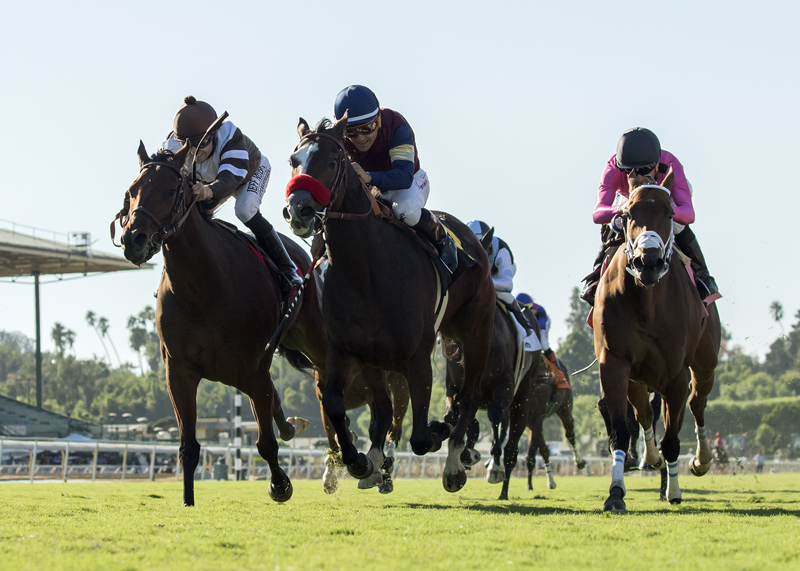 Insta Erma (center) wins the 2017 Swingtime Stakes at Santa Anita