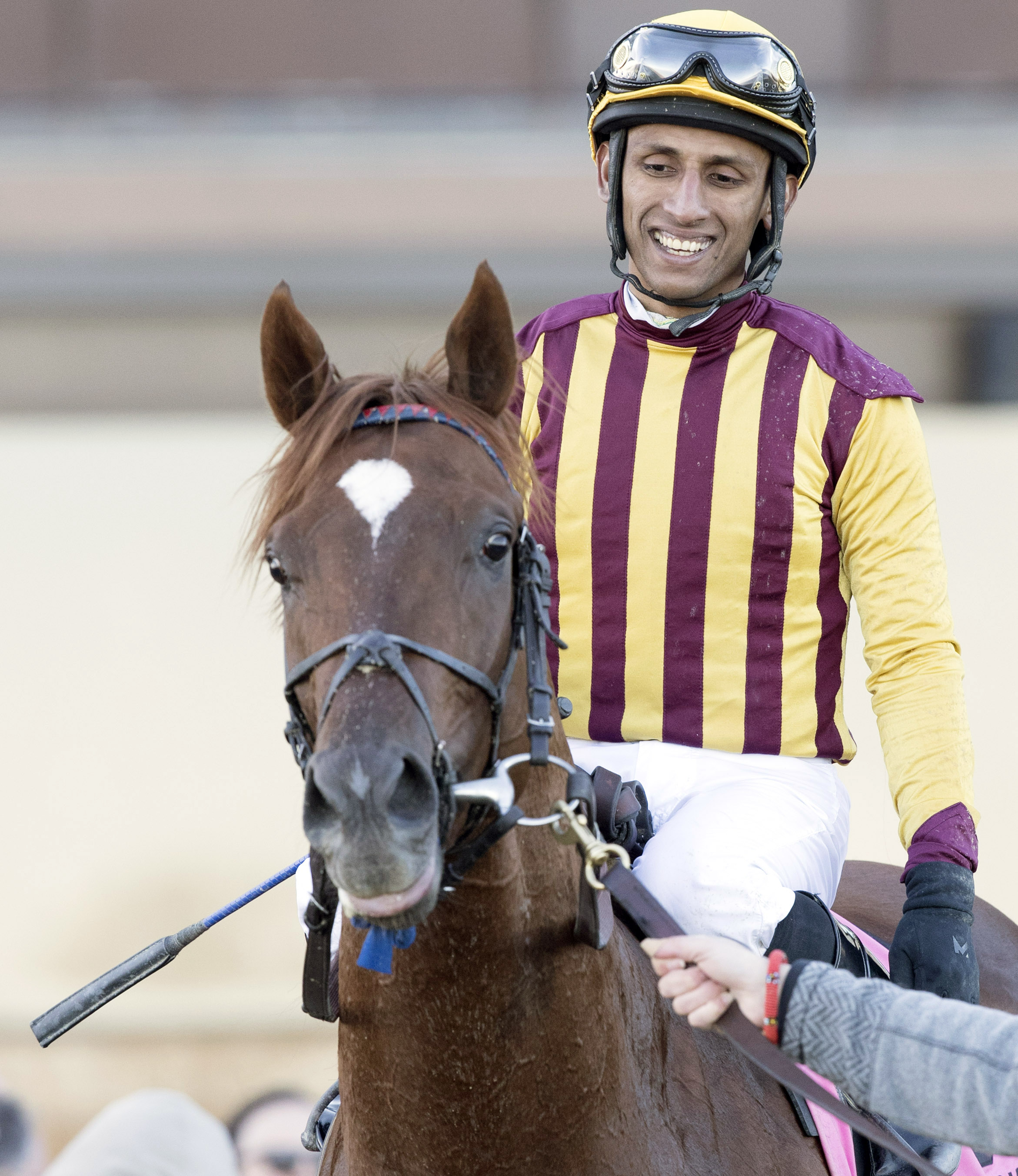 Rajiv Maragh smiles after winning the Wood Memorial aboard Irish War Cry