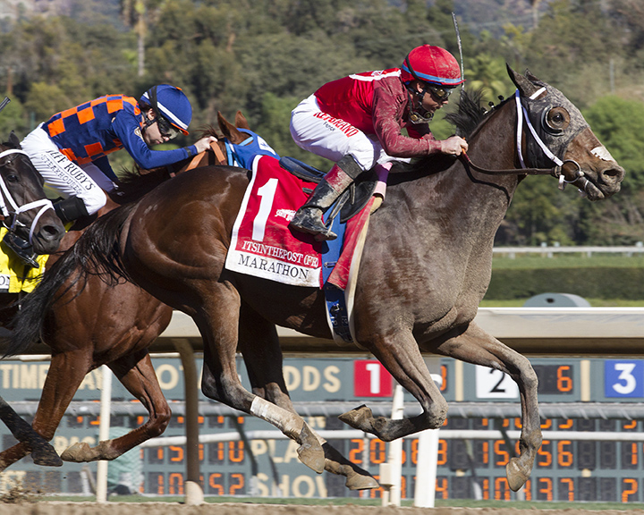 Itsinthepost wins the 2019 Marathon Stakes at Santa Anita Park