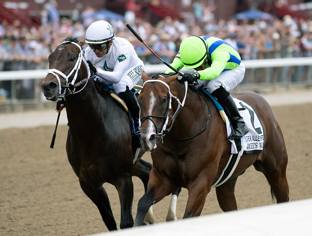 Jackie's Warrior (right) wins the H. Allen Jerkens Stakes at Saratoga Race Course