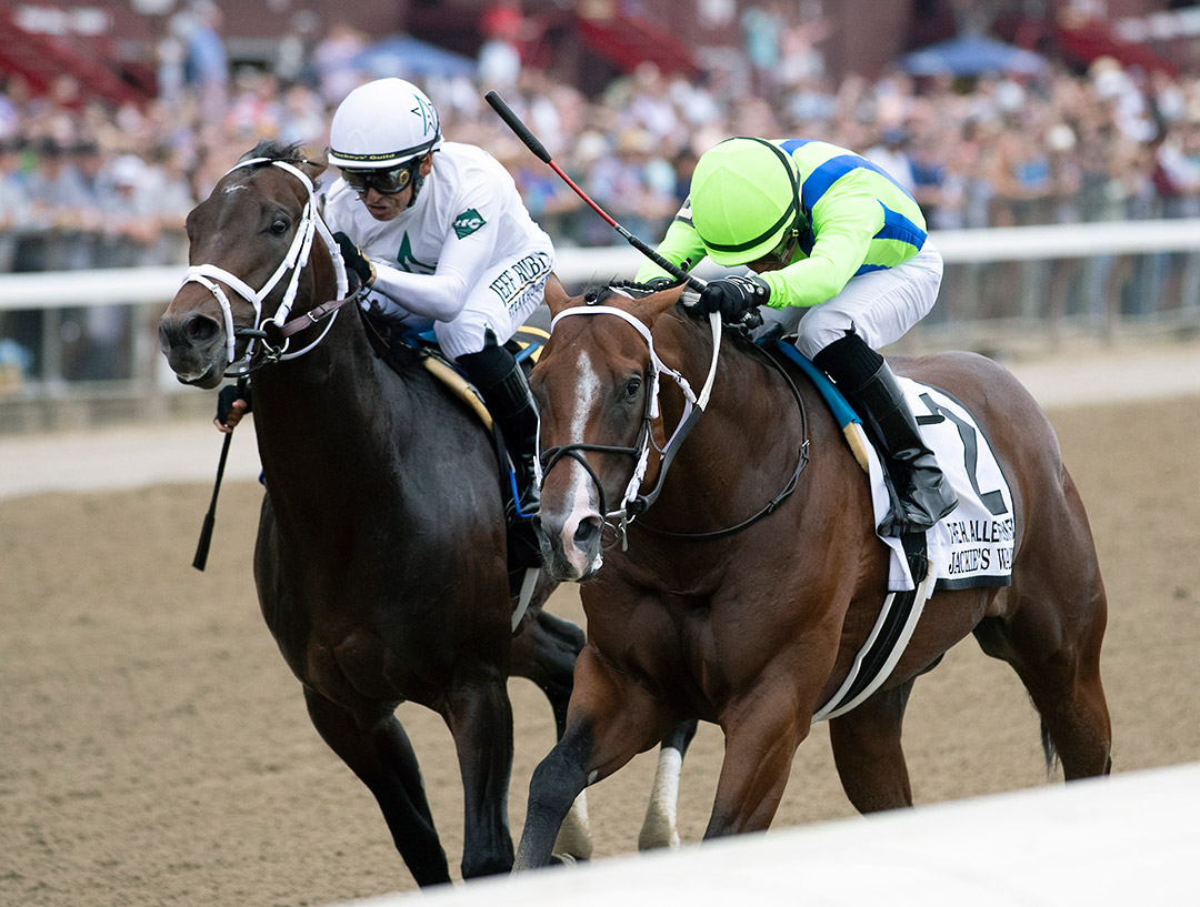 Jackie's Warrior (right) wins the H. Allen Jerkens Stakes at Saratoga Race Course
