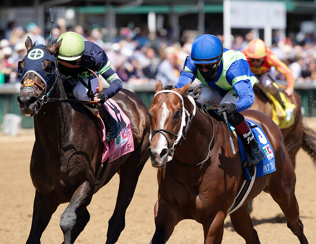 Jackie's Warrior (right) beats Dream Shake to win the 2021 Pat Day Mile at Churchill Downs
