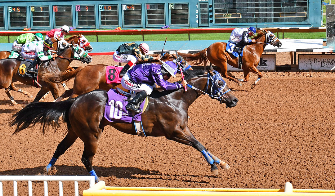 Jess Dream of Me (3) and Favorite Blues Man (10) dead heat to qualify for the All-American Futurity at Ruidoso Downs