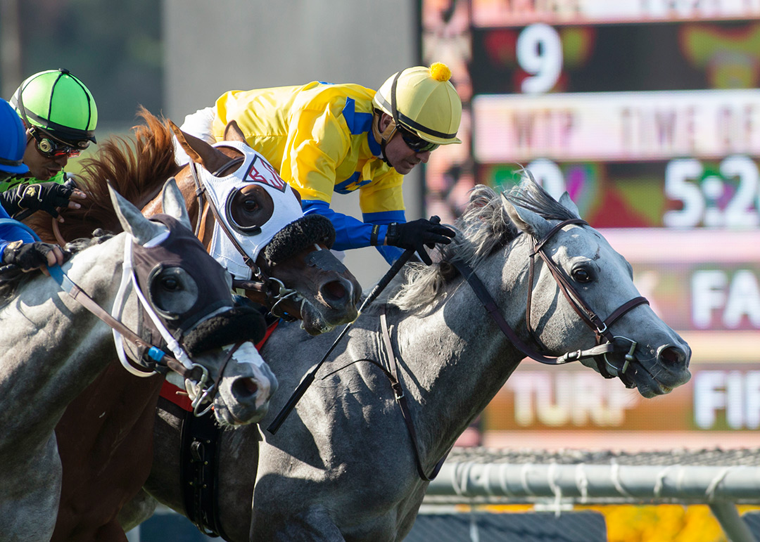 Jimmy Blue Jeans (yellow silks) wins the 2021 Snow Chief Stakes at Santa Anita