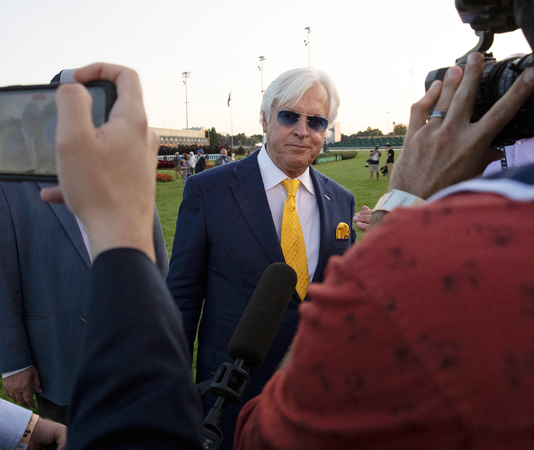 Bob Baffert gets interviewed by the media at the Kentucky Derby