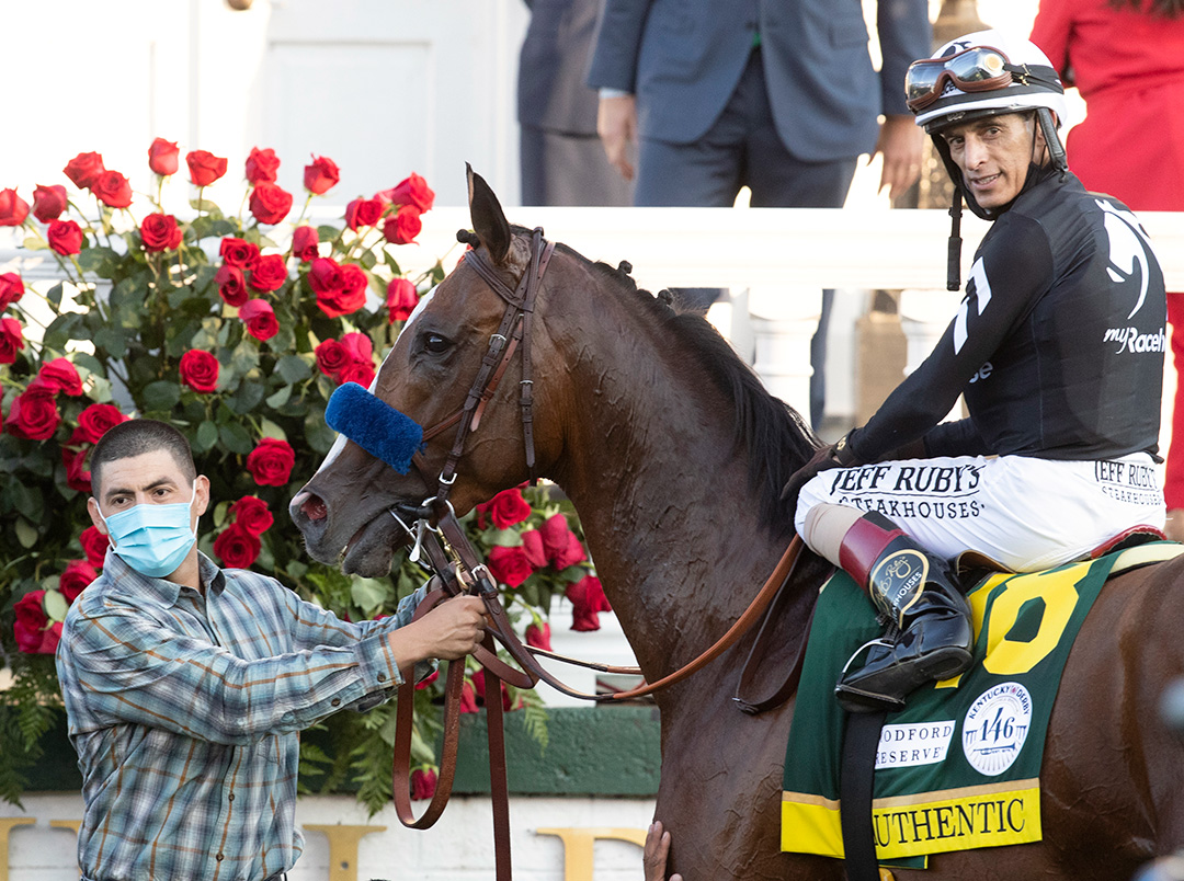 John Velazquez with Authentic in the winner's circle after the Kentucky Derby