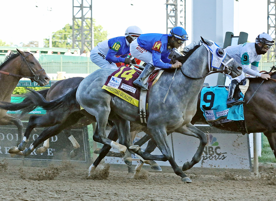 Essential Quality passes the grandstand for the first time early in the Kentucky Derby