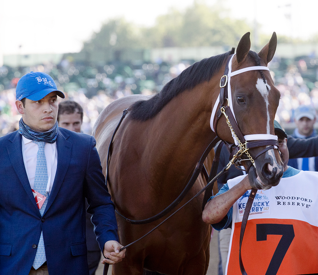 Mandaloun with trainer Brad Cox at the Kentucky Derby at Churchill Downs