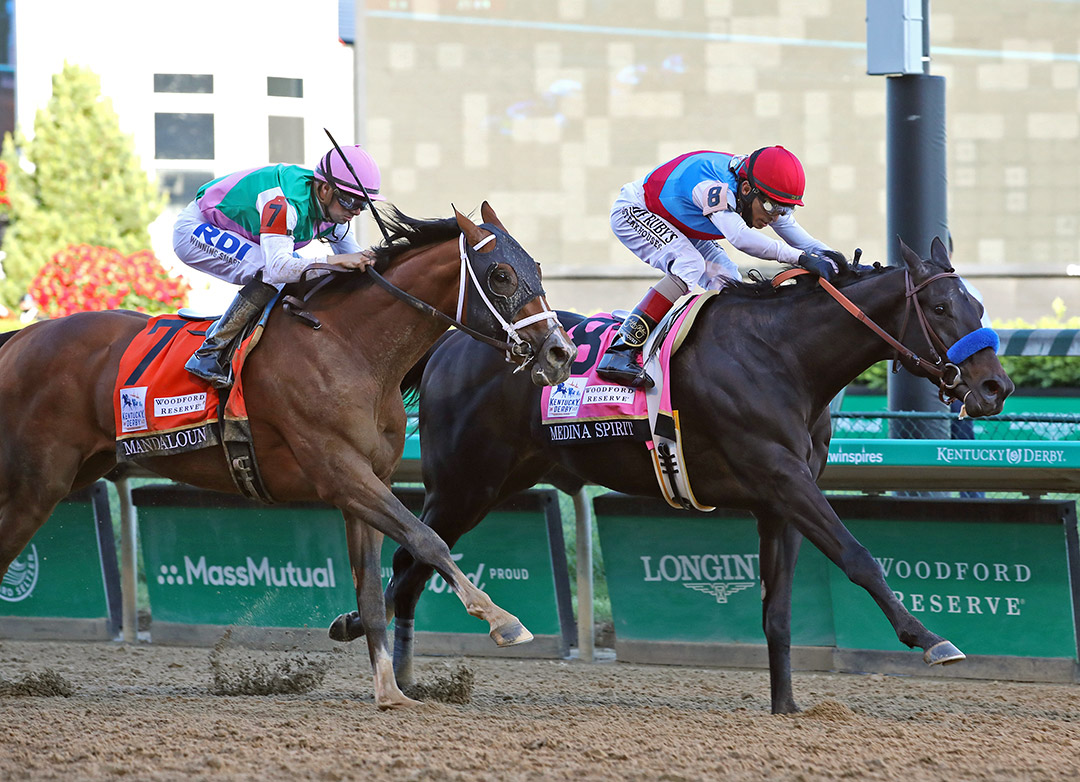 Mandaloun (left) finishes second to Medina Spirit in the 2021 Kentucky Derby