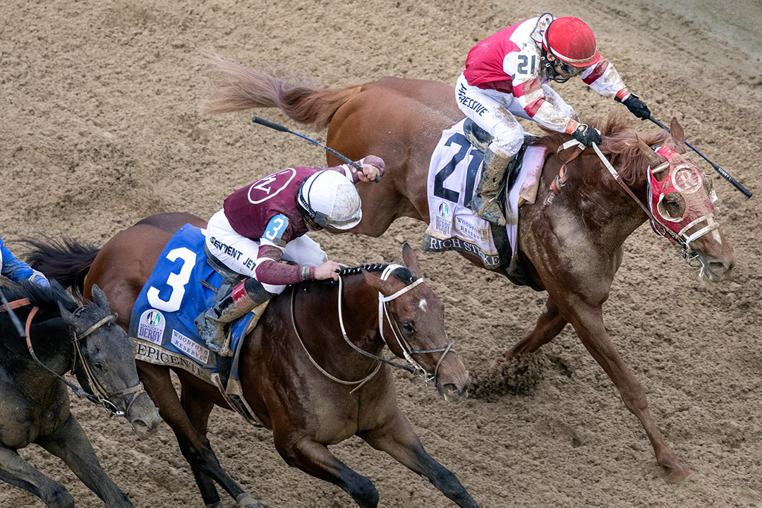 Rich Strike (21) passes Epicenter (3) in the late stretch of the Kentucky Derby