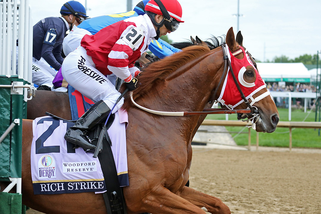 Rich Strike breaks from the gate at the Kentucky Derby start at Churchill Downs