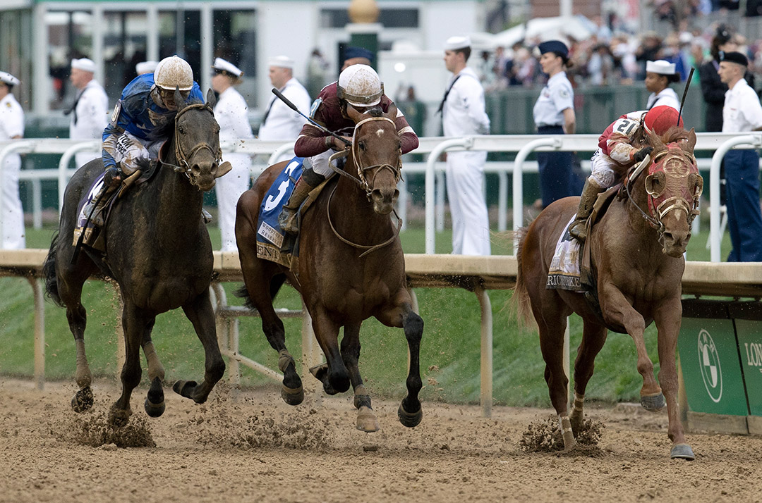 Zandon (from left), Epicenter, and Rich Strike near the finish of the 2022 Kentucky Derby