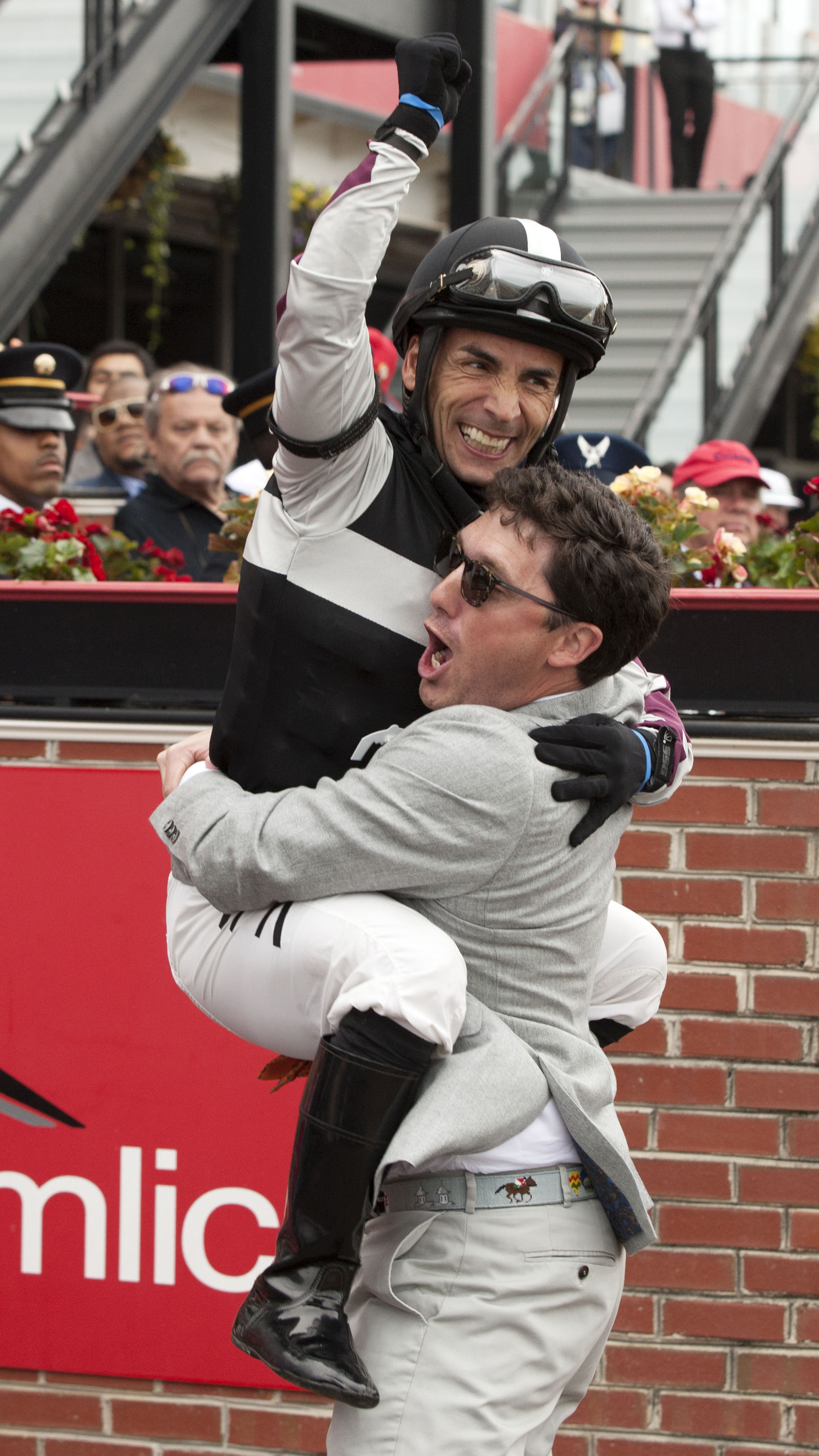 Horacio Karamanos celebrates after winning the Chick Lang Stakes