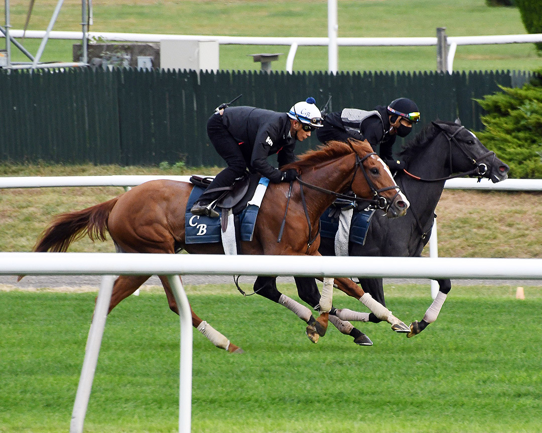 Consumer Spending (outside) and Kinchen (inside) train at Belmont Park on Oct. 23