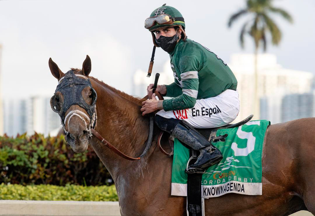 Irad Ortiz Jr. aboard Known Agenda after winning the Florida Derby at Gulfstream