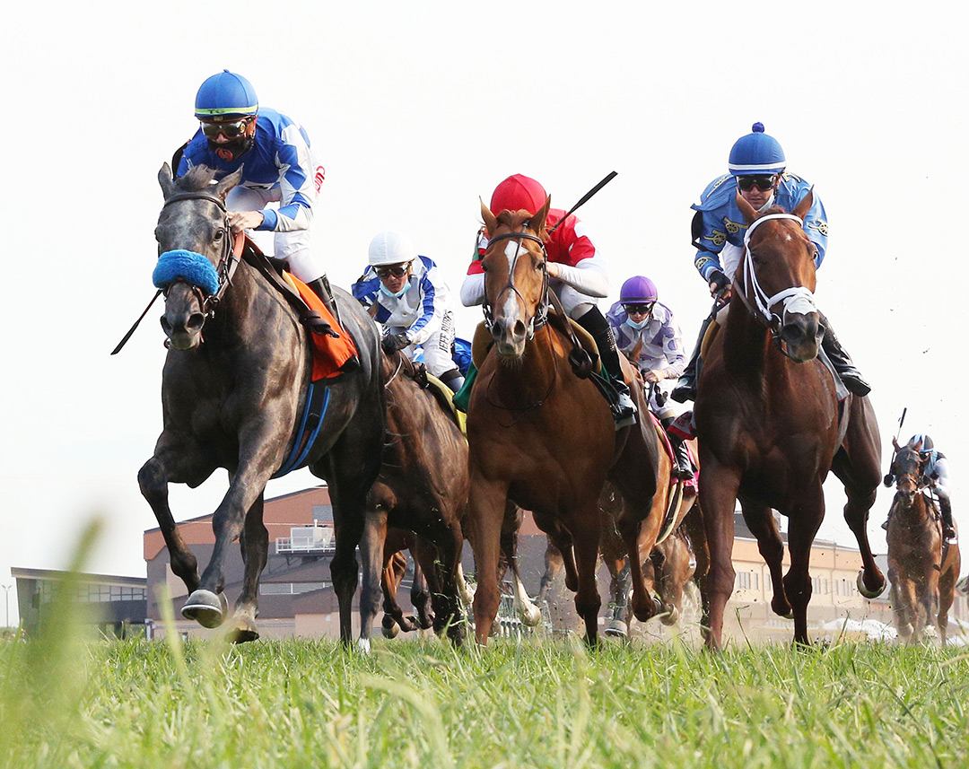 La Lune (center) finishes second in the 2021 Kentucky Downs Ladies Marathon