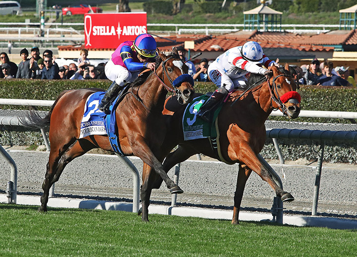 Lady Prancealot (right) wins the American Oaks at Santa Anita