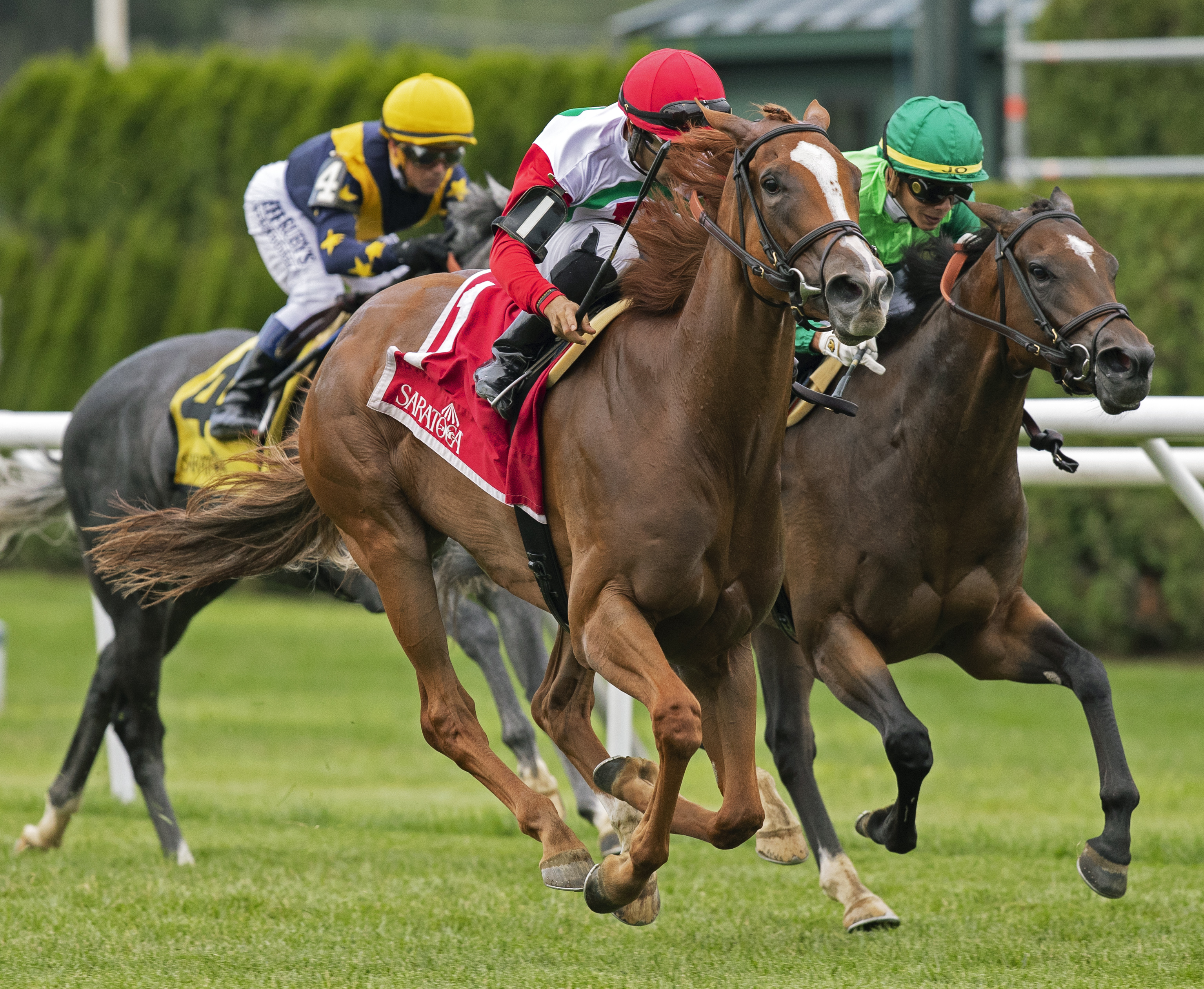 Regal Glory (left) wins the 2019 Lake George Stakes