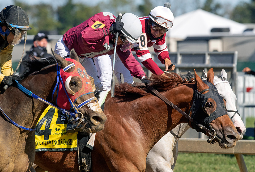 Laki (No. 4) wins the De Francis Dash at Pimlico Race Course