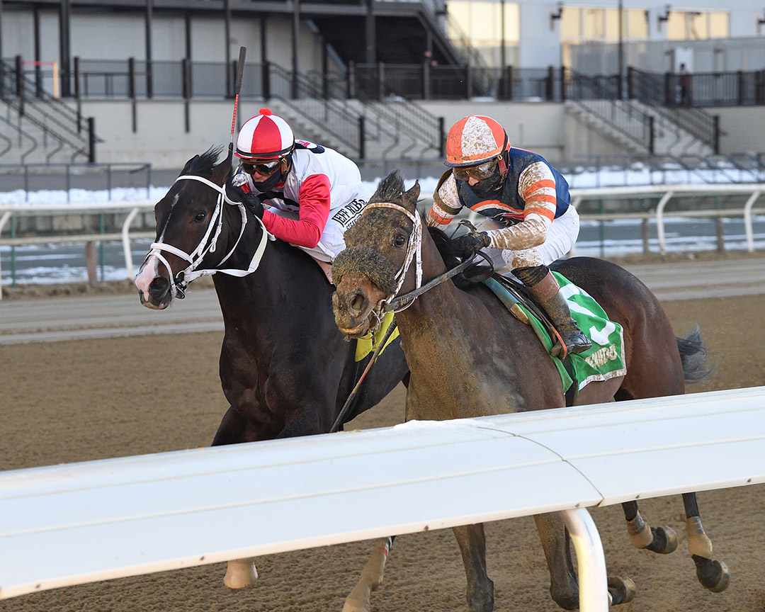 Lobsta (left) wins the 2022 Say Florida Sandy Stakes at Aqueduct