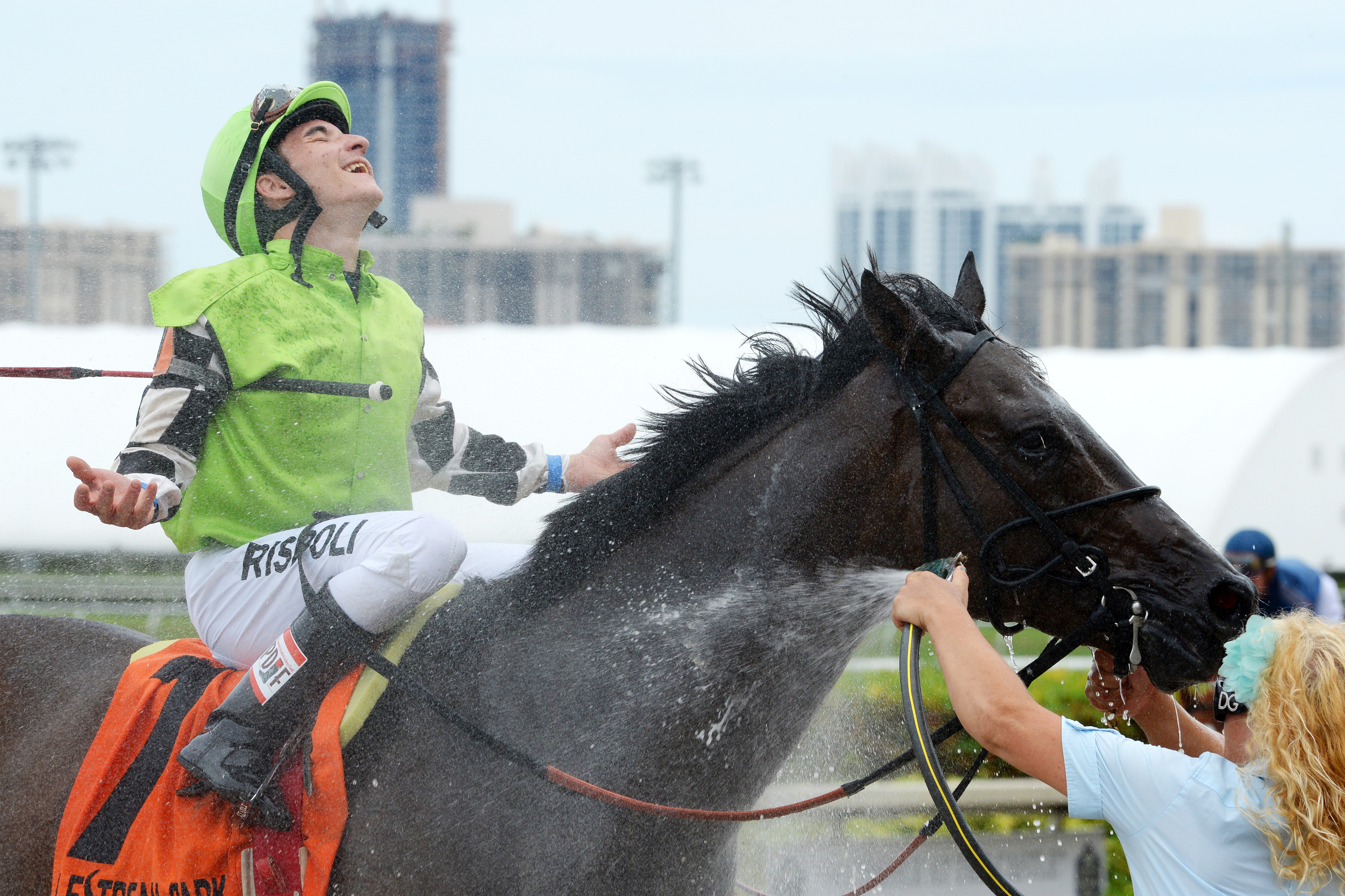 Matthew Rispoli reacts after winning the Mr. Steele Stakes