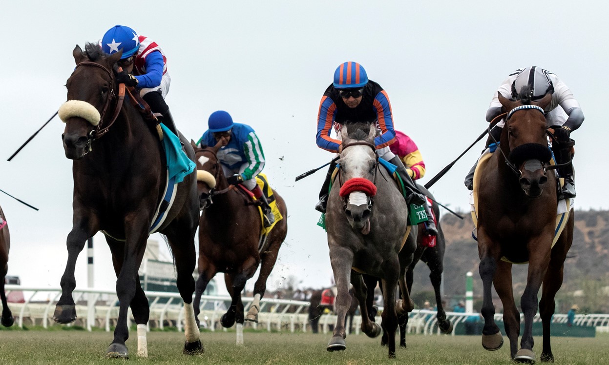 Madone (left) wins the San Clemente over Going Global (right). Tetragonal (center) finished third