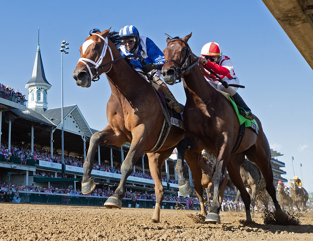 Malathaat (left) wins the 2021 Kentucky Oaks at Churchill Downs