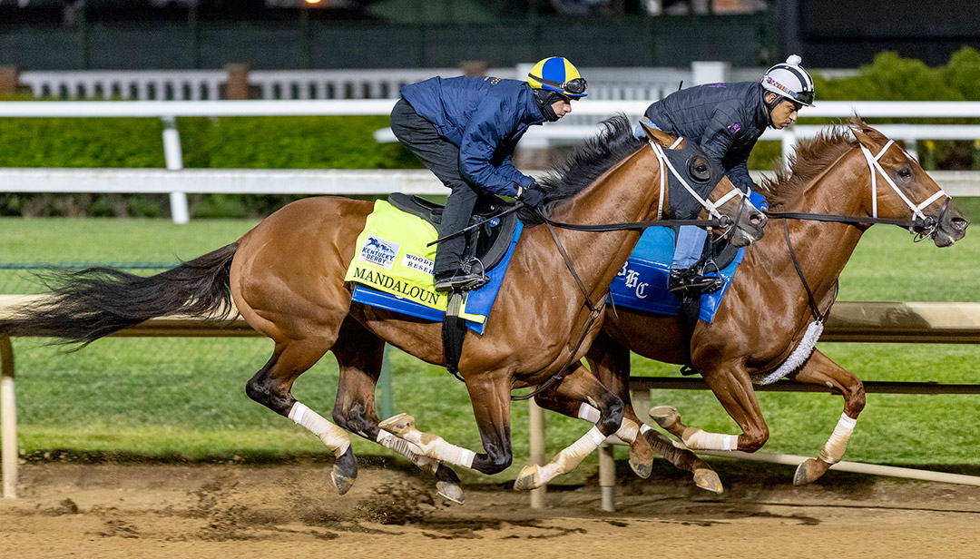 Mandaloun (outside) trains with Joe Frazier at Churchill on April 24
