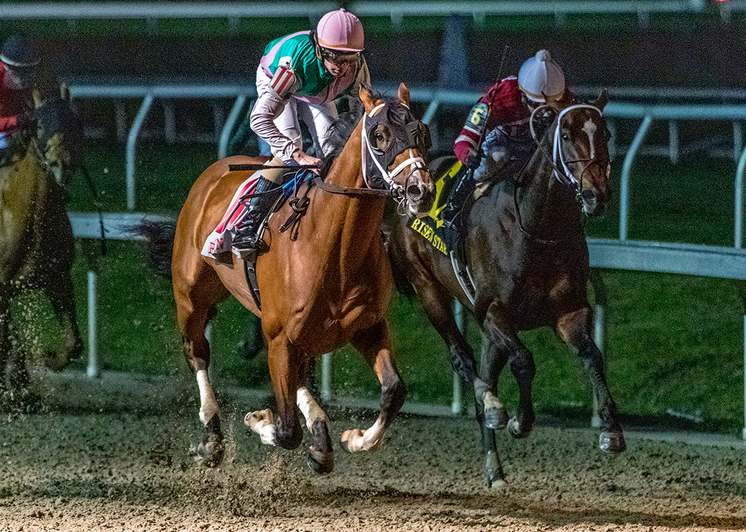 Mandaloun (left) wins the 2021 Risen Star Stakes at Fair Grounds