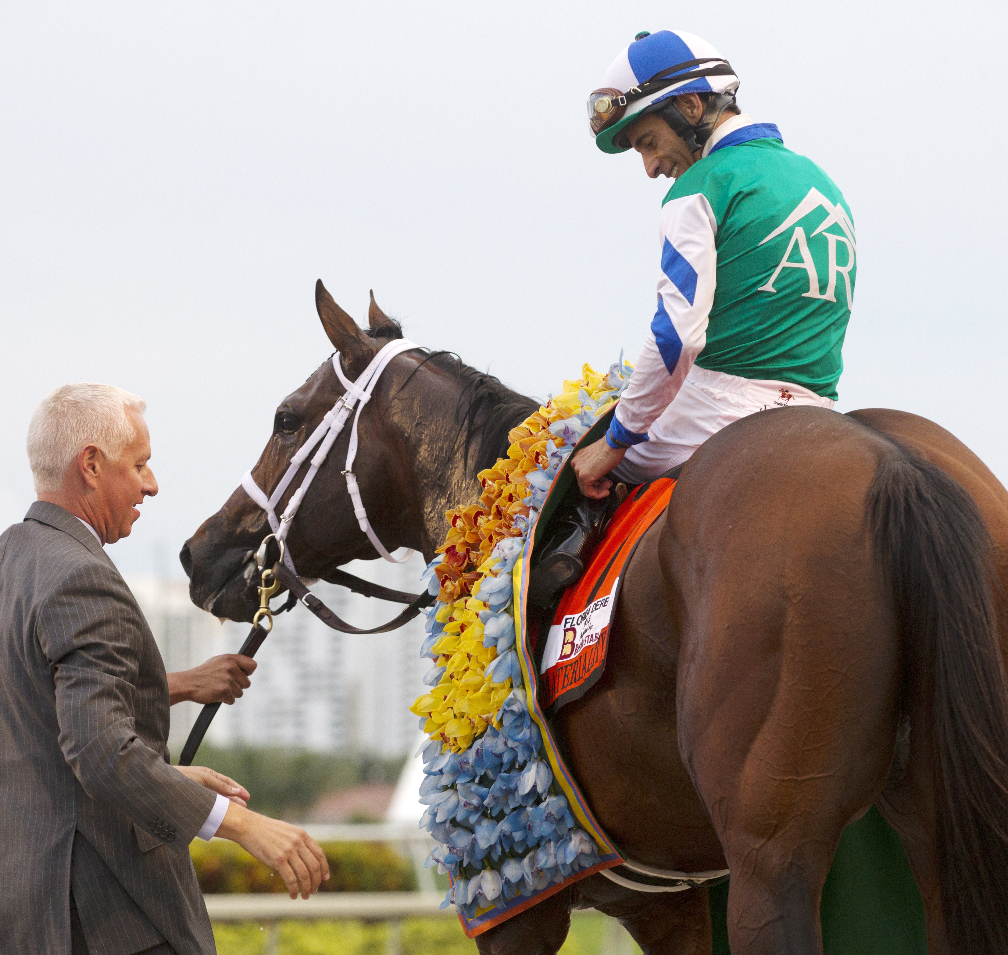 John Velazquez and Todd Pletcher with Materiality after the Florida Derby