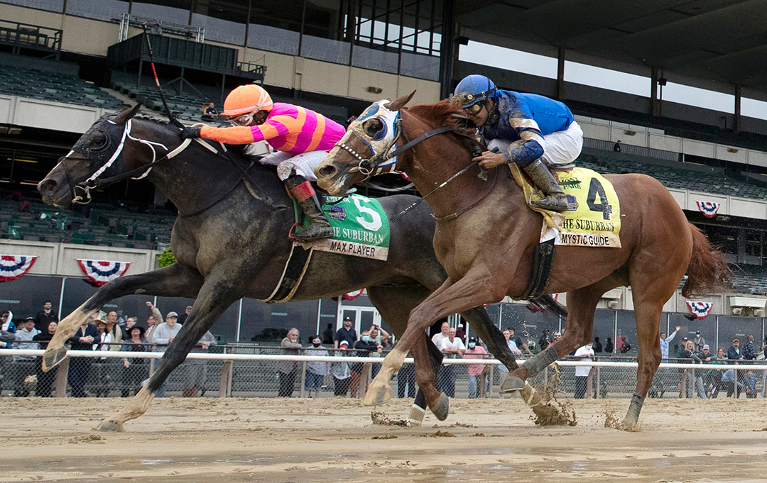 Mystic Guide (right) finishes second in the 2021 Suburban Stakes at Belmont Park
