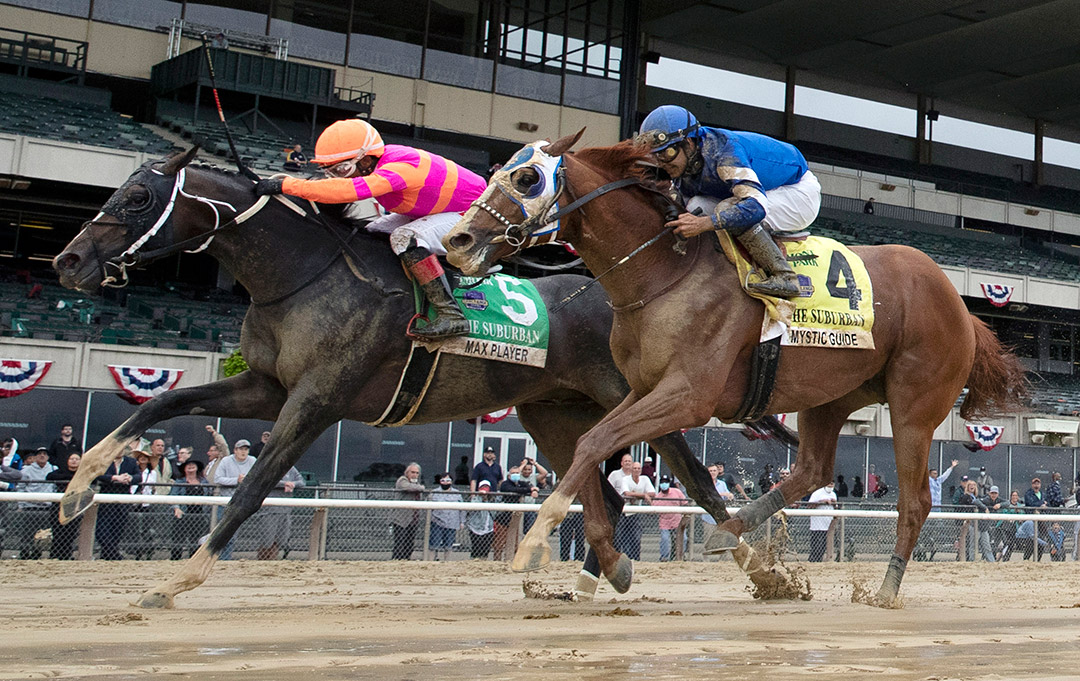 Mystic Guide (No. 4) finishes second in the Suburban at Belmont Park