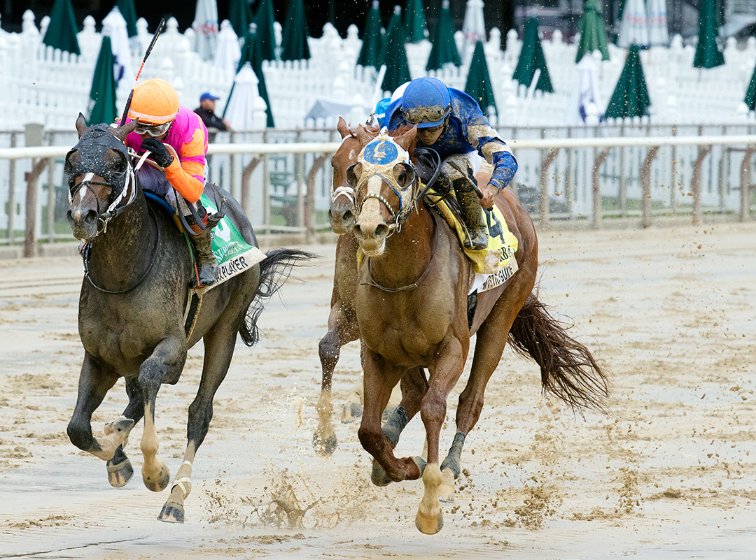 Max Player (left) wins the 2021 Suburban Stakes at Belmont Park