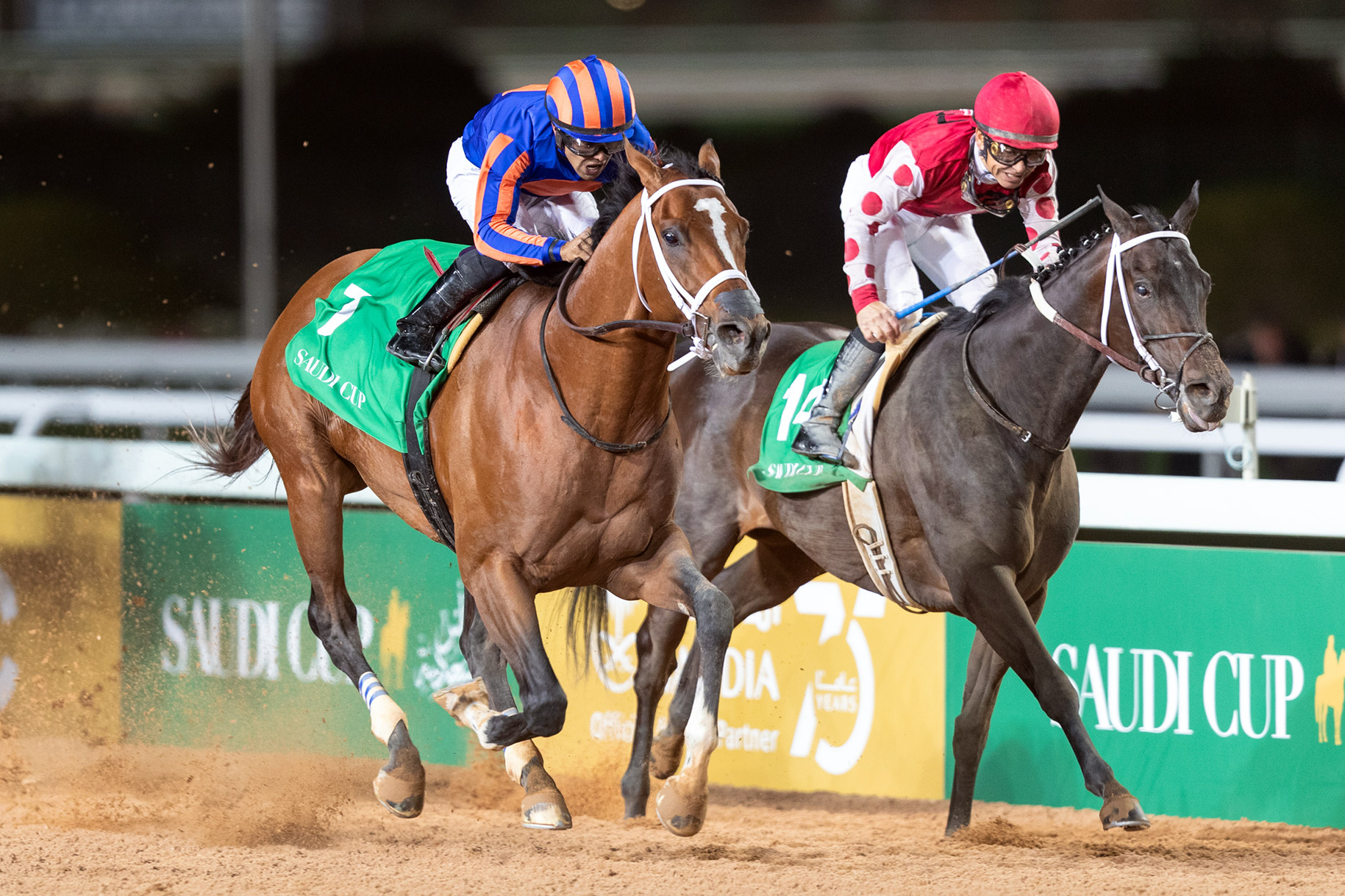 Midnight Bisou (right) finishes second in the Saudi Cup at King Abdulaziz Racetrack