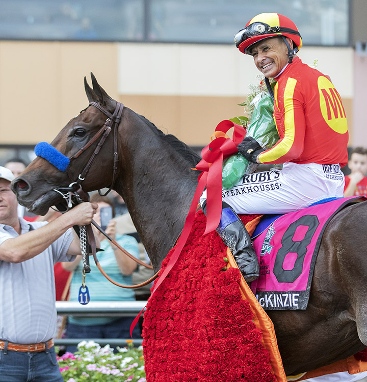 Mike Smith aboard McKinzie after the Pennsylvania Derby