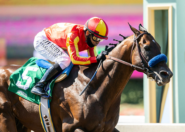 Mike Smith guides McKinzie to victory in the Triple Bend Stakes at Santa Anita