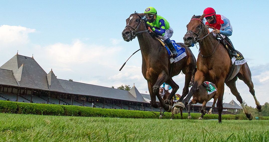 Mean Mary (right) finishes second in the Diana Stakes at Saratoga