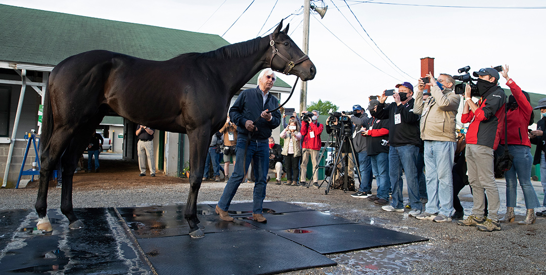 Trainer Bob Baffert and Medina Spirit outside the barn the day after winning the Kentucky Derby