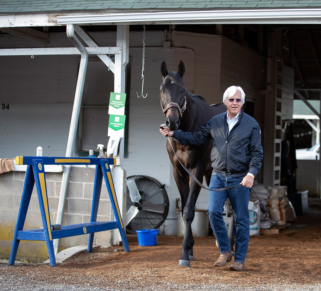 Medina Spirit and Bob Baffert at Churchill Downs in May 2021