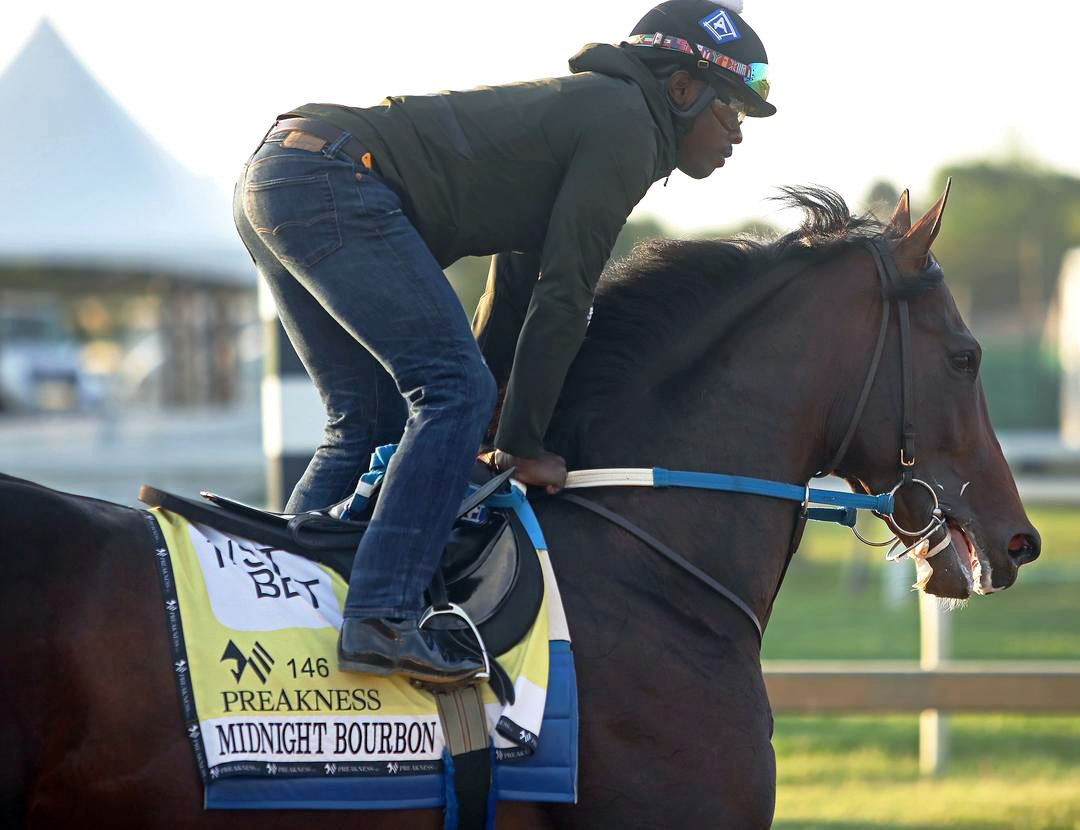Midnight Bourbon trains at Pimlico Race Course on May 14