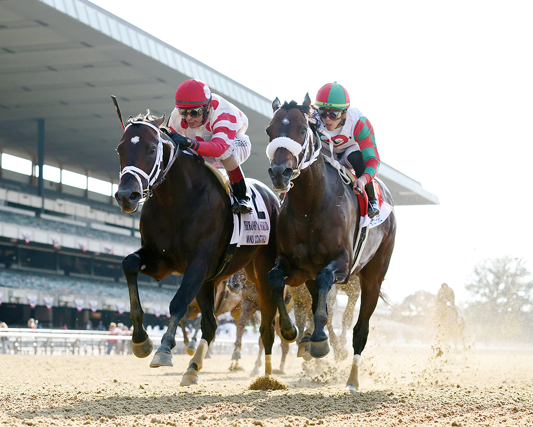 Mind Control (left) wins the 2021 John Nerud Stakes at Belmont Park