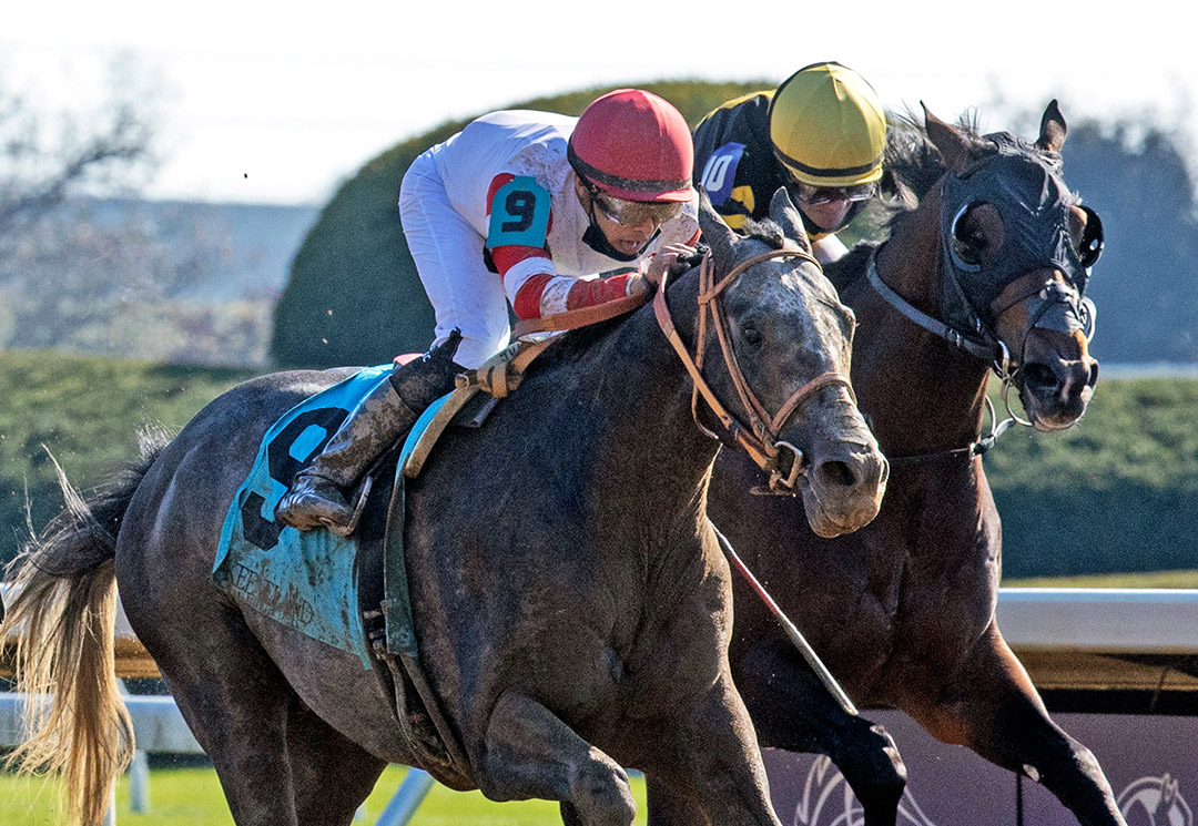 Mirinaque (left) finishes second in the Thoroughbred Aftercare Alliance Stakes at Keeneland