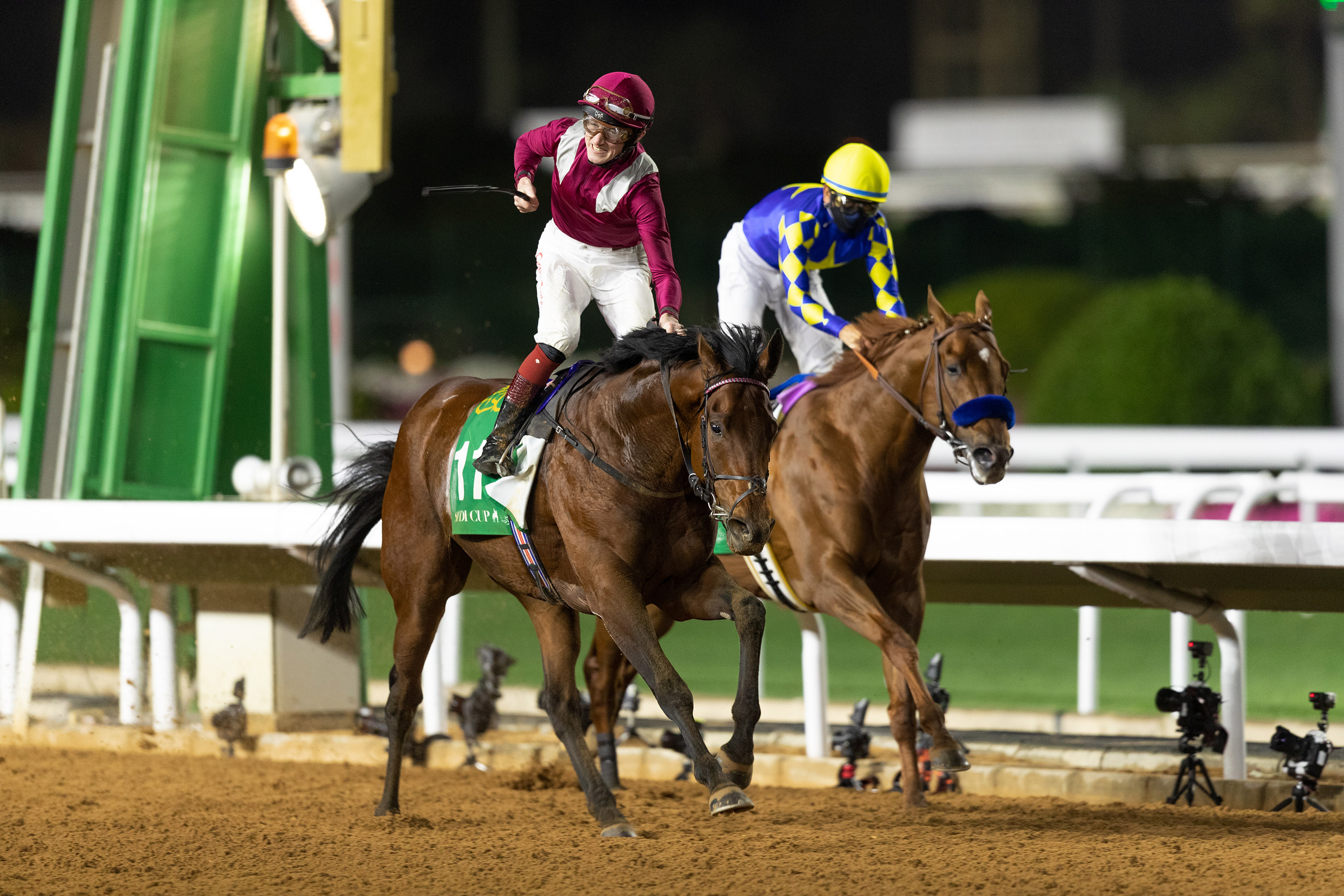Mishriff (left) beats Charlatan to win the 2021 Saudi Cup at King Abdulaziz Racetrack
